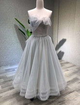 A line Tea Length Gray Prom Dress, Gray Tulle Homecoming Dress